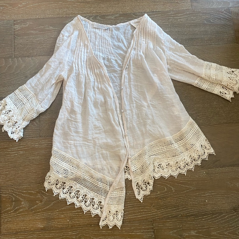 New Anthropologie Solitaire Gauzy Cream Crochet Boho Cardigan Topper Hippie L